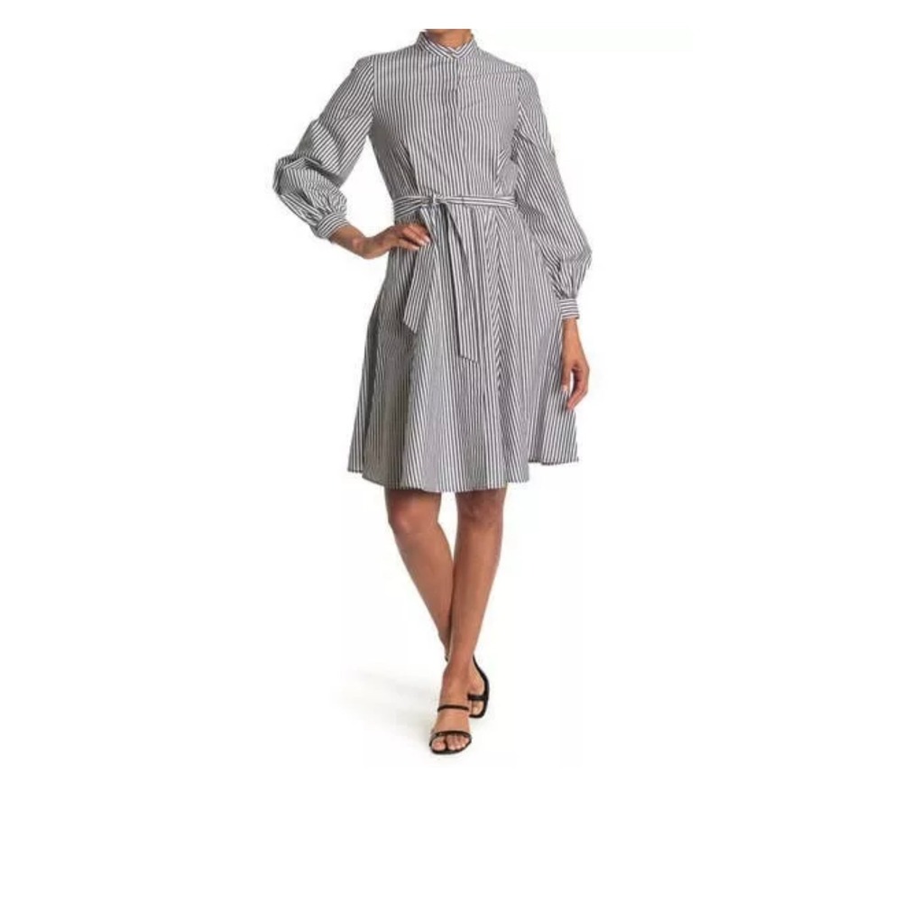 CALVIN KLEIN Gray and White Striped Belted Fit Flare Shirt Dress • Size 8